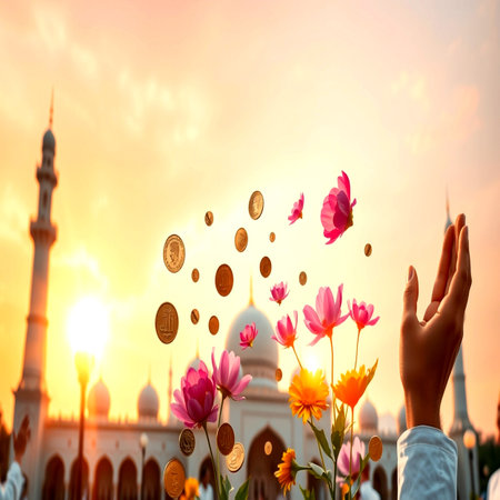 Hands of Muslim woman with money and tulip flowers against the background of the mosque