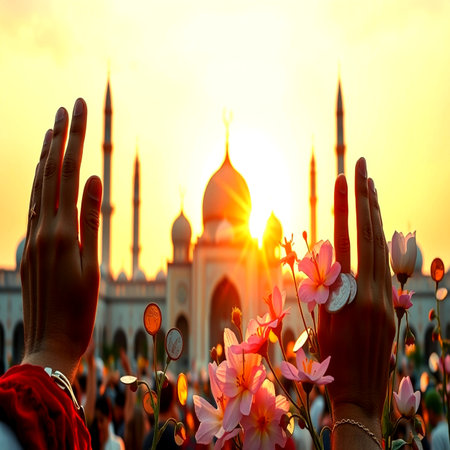 Hands of women praying at the mosque during the sunset.の写真素材