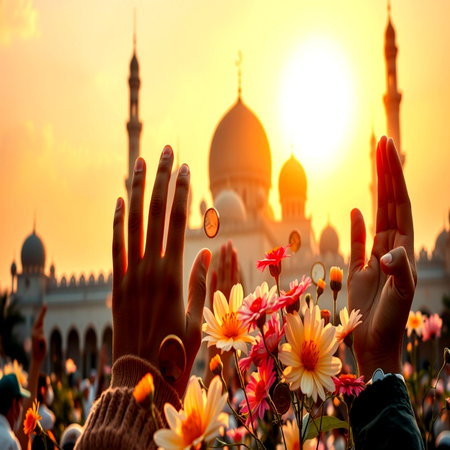 Hands of muslim woman praying with mosque background at sunset.の写真素材
