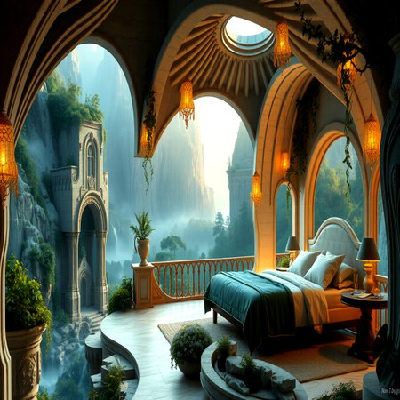 Luxury bedroom interior in mountains.の写真素材
