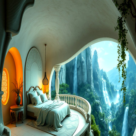 3d rendering of a beautiful bedroom with a view of the waterfallの写真素材