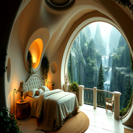 3D rendering of a bedroom with a beautiful waterfall in the backgroundの写真素材