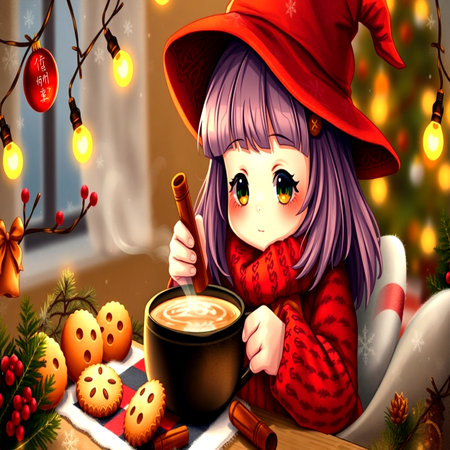 An anime girl in a red sweater and a hat is holding a mug of hot cocoa.の写真素材