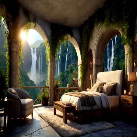 Luxury bedroom with a waterfall in the background,3d renderの写真素材