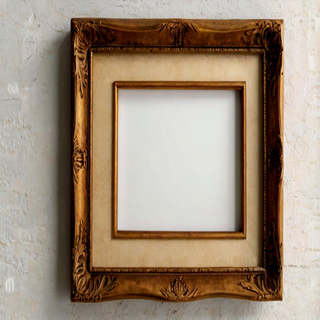 Old wooden picture frame on white wall background. Copy space for text.の写真素材