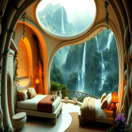 Interior design of hotel room with beautiful waterfall in the background.の写真素材