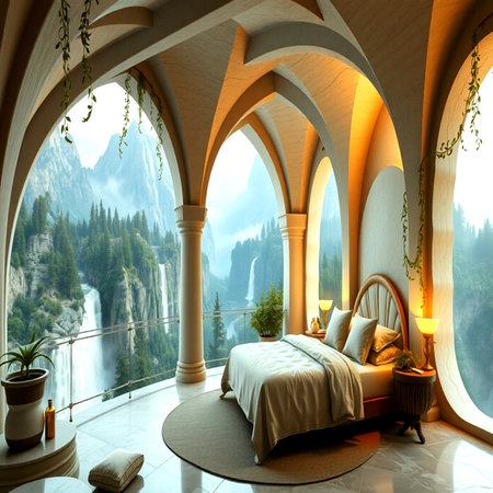 3D rendering of a beautiful bedroom with a view of the mountainsの写真素材