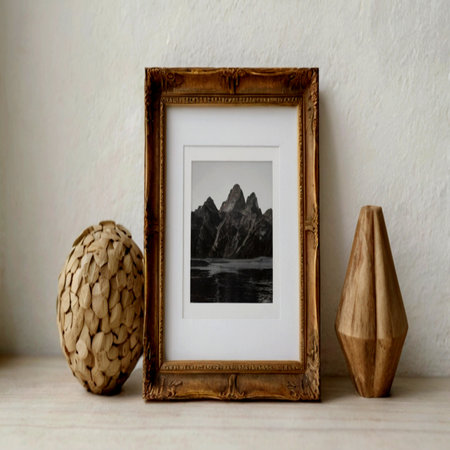 Wooden frame with a picture of a mountain in the background.の写真素材