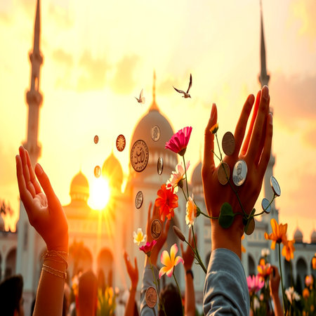 Hands of people in front of the mosque during the sunset.の写真素材