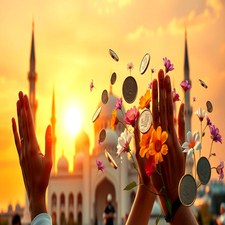 Hands of woman with flowers and coins in front of mosque at sunsetの写真素材