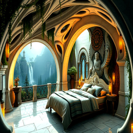 3D rendering of a fantasy bedroom with a view of the waterfallの写真素材