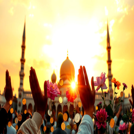 Muslim people praying at the mosque during sunset.の写真素材