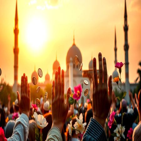 Hands of people raised up at sunsetの写真素材