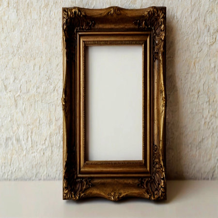 Vintage photo frame on a white table against a white wall.の写真素材
