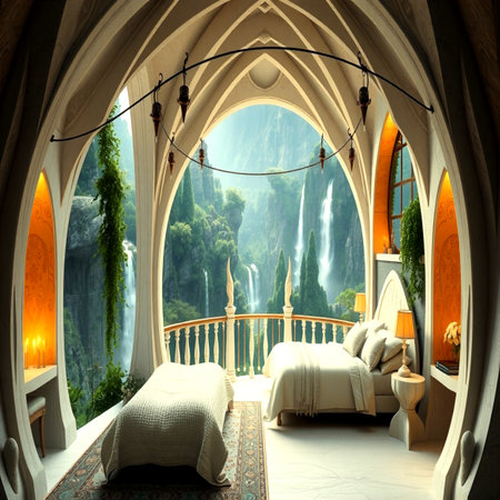 Interior of a hotel bedroom with a beautiful waterfall in the backgroundの写真素材