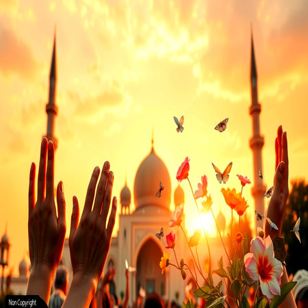 Silhouette of woman hands with tulip flowers and mosque backgroundの写真素材