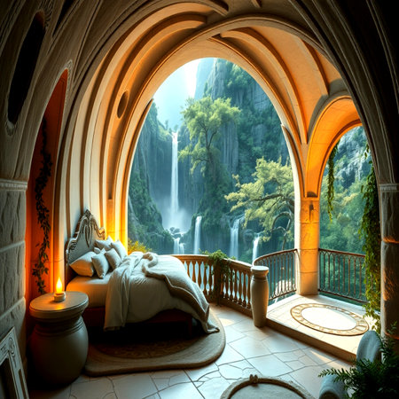 Luxury hotel room interior with a view of the waterfall.の写真素材