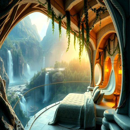 Fantasy landscape with beautiful waterfall in the mountains. 3d renderingの写真素材