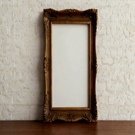 Wooden frame on the table in front of a white brick wallの写真素材