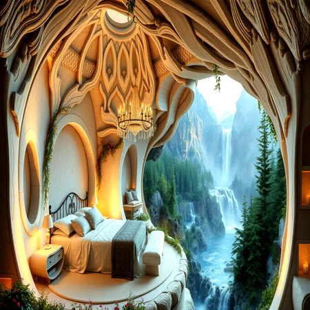 3D Illustration of a Bedroom with a view of a waterfallの写真素材