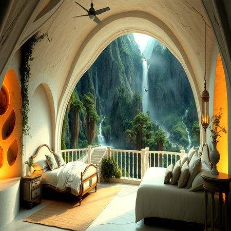 Beautiful hotel room interior with a waterfall view. 3d rendering