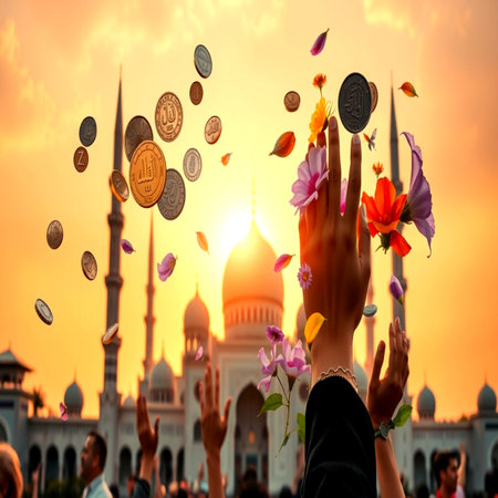 Hands of woman with coins flying around the mosque during sunsetの写真素材