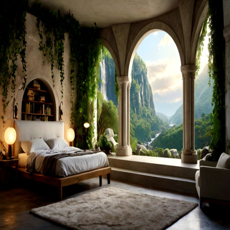 Luxury bedroom with a beautiful view of the mountains. 3d renderingの写真素材