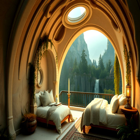 Luxury hotel room with a view of the mountains and the valleyの写真素材