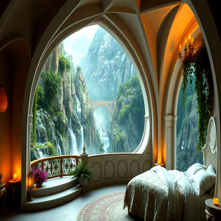 beautiful view from the window to the waterfall in the mountains.の写真素材