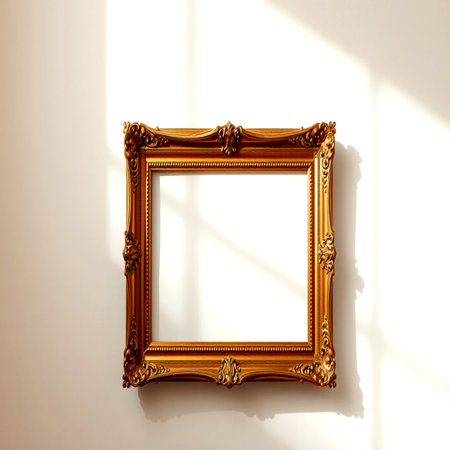 Golden picture frame on a white wall. 3d render illustration.の写真素材