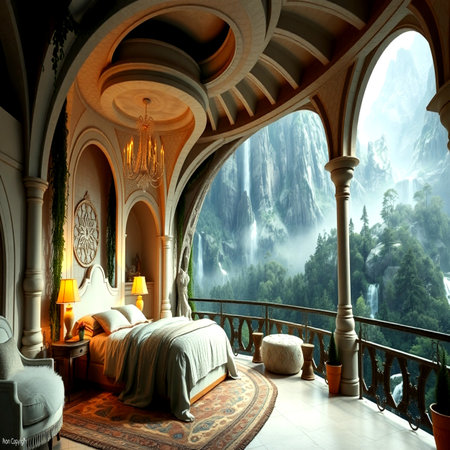 luxury bedroom in the mountains, 3d render, computer digital imageの写真素材
