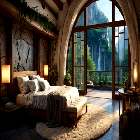 Interior of a hotel bedroom in the mountains. 3d renderingの写真素材