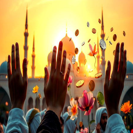 Hands of people raising their hands in front of the mosque at sunsetの写真素材