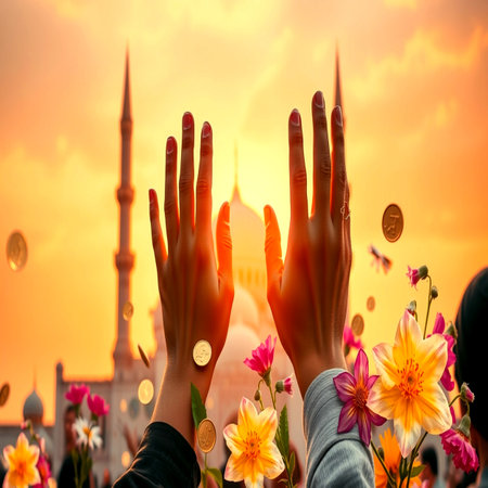 Hands of muslim women praying at sunset.の写真素材