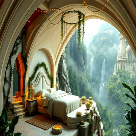 Luxury bedroom with a beautiful view of the waterfall in the mountains.の写真素材
