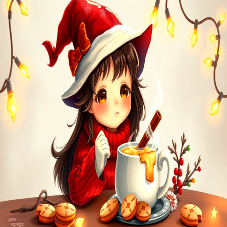 A cute little girl in a red hat and a red scarf is sitting at a table with a cup of hot chocolate and cookies.の写真素材