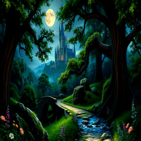 Mysterious castle in the forest at full moon night. Fantasy landscape.の写真素材