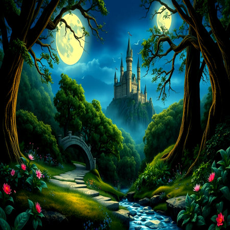 Fantasy landscape with castle in the forest at night and full moonの写真素材