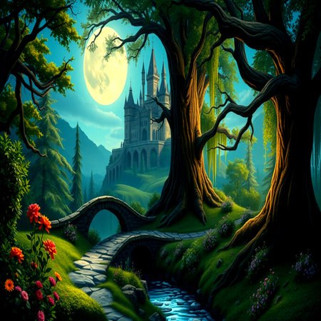 Fantasy landscape with castle, bridge and magic forest. 3D renderingの写真素材