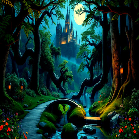 Fantasy landscape with castle in the forest. 3D rendering.の写真素材