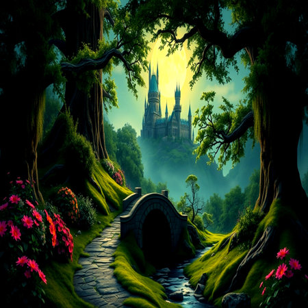 Magic Fairy Tale castle in the forest. Fantastic fantasy landscape. 3d renderingの写真素材