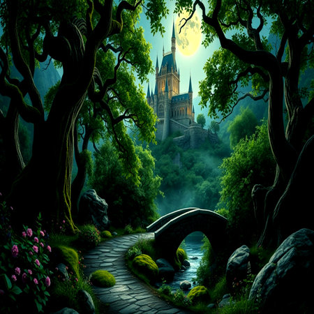 Magic fantasy castle in the forest. Fantasy landscape with castle and bridgeの写真素材