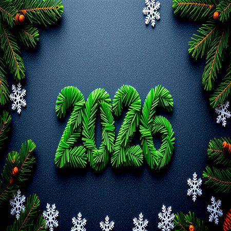 New Year 2016. Lettering made of fir branches and snowflakes on black background top view.