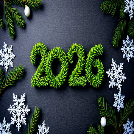 New Year background with fir tree branches and snowflakes on blackの写真素材