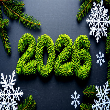 New Year's background with fir-tree branches and snowflakesの写真素材