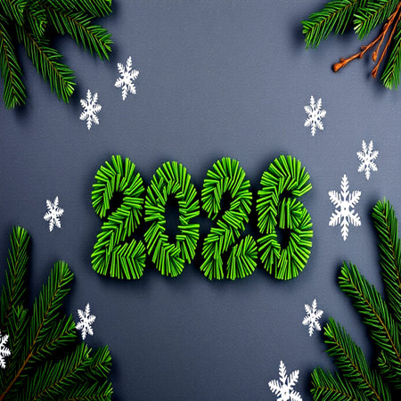 Christmas and New Year holidays background with fir tree branches, snowflakes and inscription 2020の写真素材