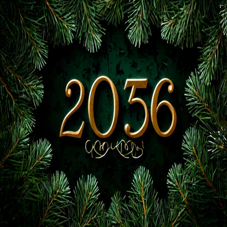 Happy New Year 2015. Golden inscription on a green background with fir branches.