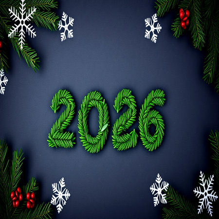 Christmas and New Year 2016 background with fir tree branches and snowflakes