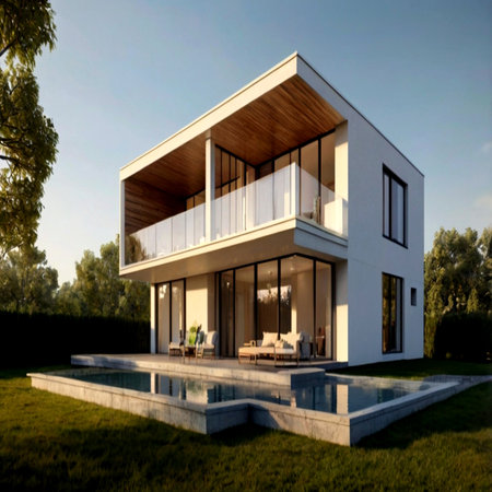 3d rendering of modern cozy house with pool and parking for sale or rent