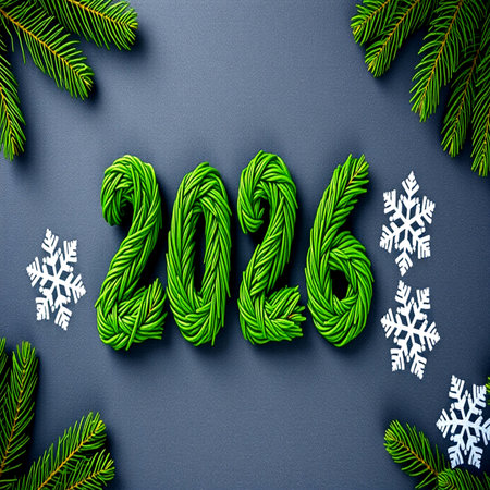 Happy New Year 2016 with green fir branches and snowflakes on blue background